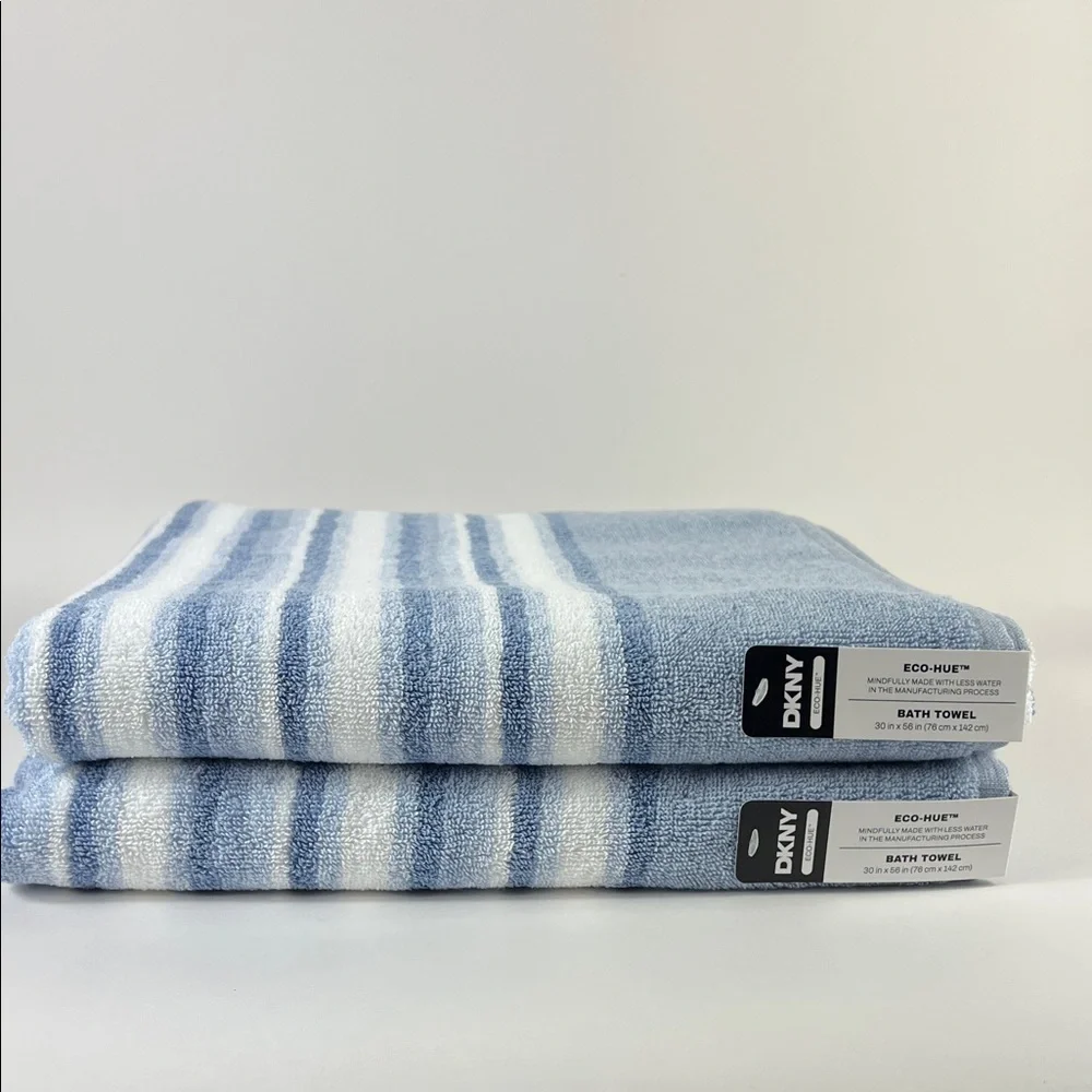 DKNY Bath Towels Eco Hue Blue and White Striped Plush Cotton Set of 2 NEW
